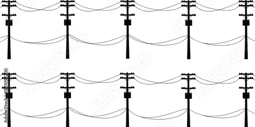 Repeating Pattern of Electricity Poles and Wires Silhouette on White Background Keywords: electricity, power, energy