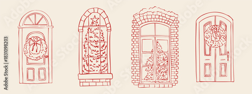 Hand-drawn Christmas doors and windows set in red line style, featuring wreaths, decorated trees and festive architectural details on a beige background
