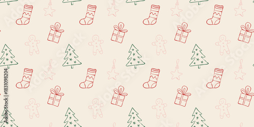 Hand-drawn Christmas seamless pattern with trees, stockings, gifts, stars and gingerbread men in red, green and soft pink line style on a beige background. Cute festive design