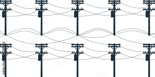 Repeating pattern of black silhouette utility poles and wires on white background power line electricity