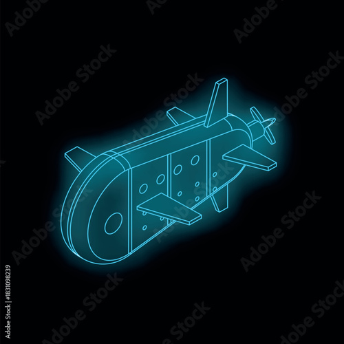 Neon blue submarine navigating underwater, exploring the mysteries of the deep sea