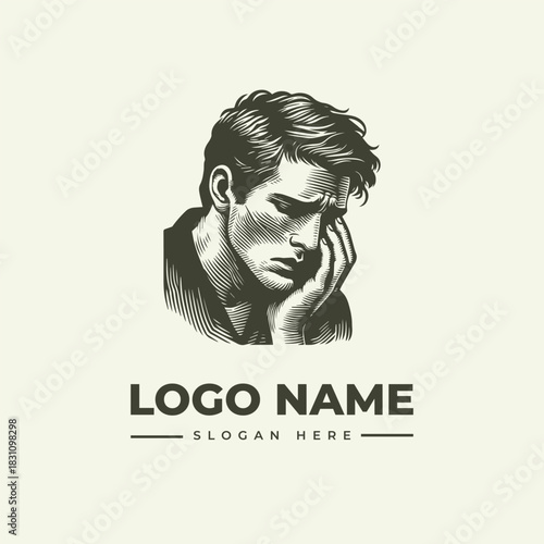 Thoughtful man portrait in a vintage engraving style for a logo design, a classic hand-drawn vector illustration. 115
