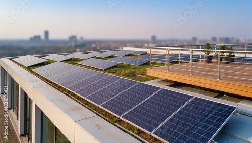 Solar panels installed on a modern building roof with greenery and city skyline in the background during daylight hours