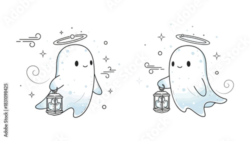 Celestial Guidance: Two ethereal beings, each a celestial guide, gently float amidst a galaxy of stars, holding lanterns. Their presence evokes feelings of hope and peace.