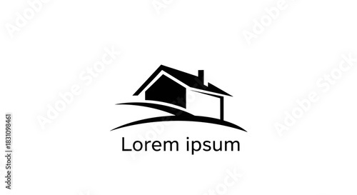 Abstract black house logo design with curved landscape and placeholder text for real estate branding