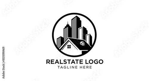 Modern real estate logo design featuring a house and city skyline within a circle