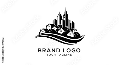 Modern real estate logo design featuring a silhouette of houses and skyscrapers on a curved road
