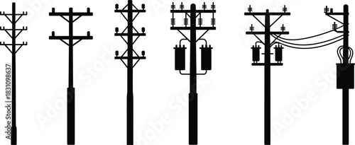 Set of electricity poles with insulators and transformers in silhouette Keywords: electricity pole, power pole, utility pole