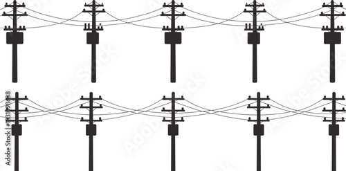 Seamless Pattern of Black Silhouettes of Utility Poles with Wires and Transformers electricity power line