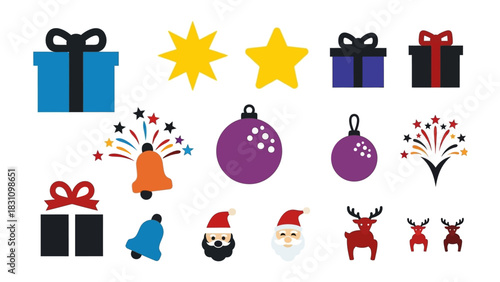 Holiday Icons Collection: A vibrant assortment of festive icons, perfect for spreading holiday cheer, featuring ornaments, gifts, Santa Claus, and other celebratory symbols.