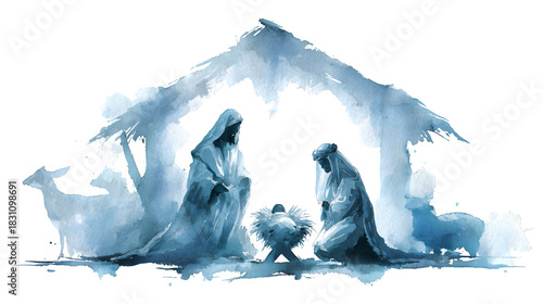 Watercolor nativity scene illustration in soft blue hues isolated on white background