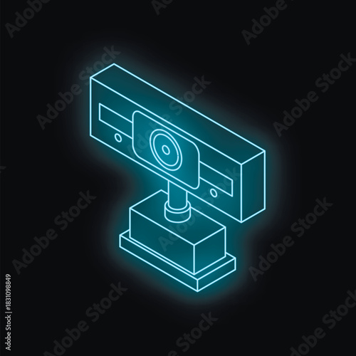 Glowing neon blue webcam in isometric projection on black background representing video conferencing, streaming, and online communication