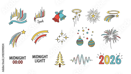 New Year's Celebration Elements: A collection of festive vector icons capturing the essence of celebration and new beginnings. Featuring fireworks, stars, ornaments, bells and cityscape design.