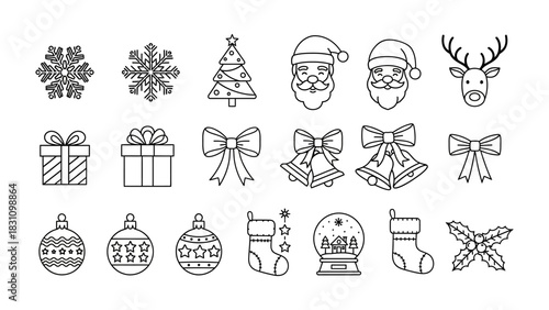 Festive Line Art: A delightful array of line art illustrations captures the essence of the festive season, featuring snowflakes, Christmas tree, santa, reindeer, gifts, bows, bells.