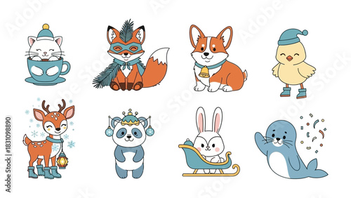Playful Animal Group Illustration: A delightful assortment of cute, cartoon animals. Each creature, exuding charm and whimsy.