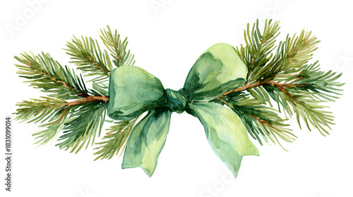 Watercolor pine branches tied with a soft green bow in festive arrangement isolated on white background