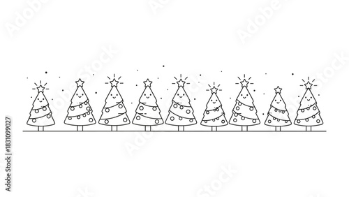 Festive Lineup of Holiday Evergreens: A meticulously crafted line of cheerful Christmas trees, each adorned with twinkling lights and radiant stars, forming a delightful visual tapestry. 