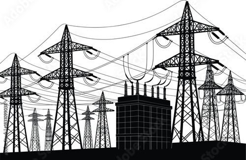 Silhouette of multiple power line towers and a transformer substation electricity transmission