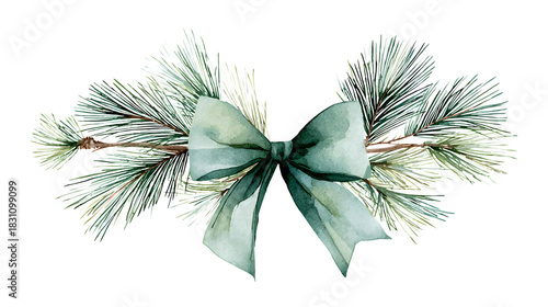 Watercolor pine branches tied with a soft green bow in festive arrangement isolated on white background