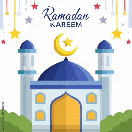 Ramadan Kareem Islamic Gift and Wish Card. With crescent moon mosque and star. 