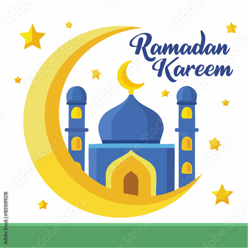 Ramadan Kareem Islamic Gift and Wish Card. With crescent moon mosque and star. 