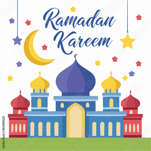 Ramadan Kareem Islamic Gift and Wish Card. With crescent moon mosque and star. 