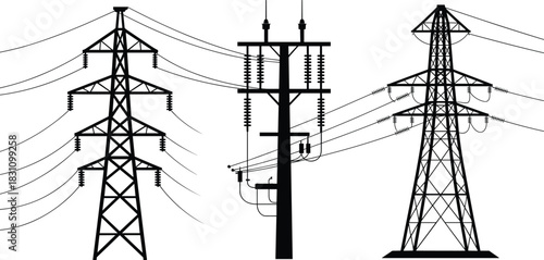 Silhouette of three different electricity pylons and poles with wires power transmission