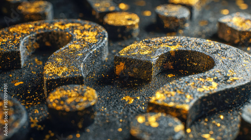 Fototapeta Naklejka Na Ścianę i Meble -  Black 3d question marks scattered with sparkling gold dust creating an elegant mysterious concept of inquiry and curiosity on a dark surface background