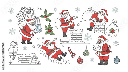 Santa's Festive Collection: A delightful cartoon arrangement showcasing Santa Claus engaged in various activities, embodying the spirit of gift-giving and holiday merriment.