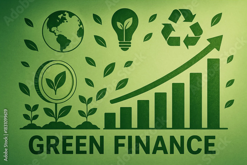 Green finance concept with eco friendly growth, sustainability, and environmental protection symbols including earth, light bulb, recycling, and plant icons on green background