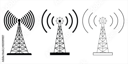 Three Black Silhouettes of Radio Towers Emitting Signal Waves transmission communication