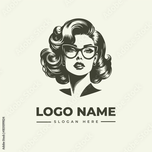 Vintage woman with glasses vector logo design, an elegant retro style engraving illustration for a beauty business