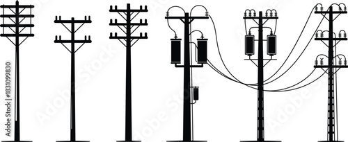 Six silhouettes of electricity poles with varying designs and equipment power wires