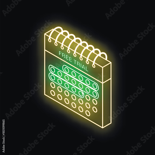 Neon free trial calendar icon glowing on dark background representing free subscription period