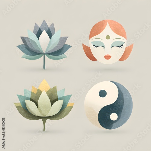 Four stylized yoga and meditation symbols on a neutral Image background