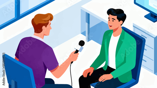 This isometric illustration shows a male reporter speaking into a microphone, surrounded by cameras, multiple microphones, and studio lights, set in a bright, professional broadcast environment.