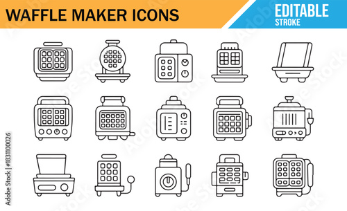 Home and Restaurant Waffle Maker Line Icons with Editable Stroke