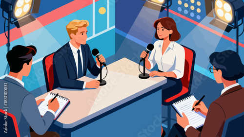 This isometric illustration shows a male reporter speaking into a microphone, surrounded by cameras, multiple microphones, and studio lights, set in a bright, professional broadcast environment.