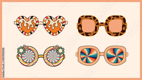 A collection of quirky and colorful vintage-style sunglasses