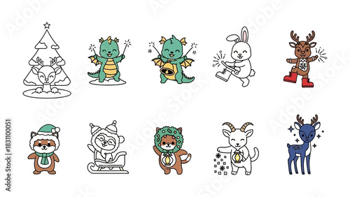 Holiday animal characters set: A delightful collection of holiday-themed animal illustrations. Each creature, radiating festive cheer, contributes to a whimsical scene perfect for holiday projects. 
