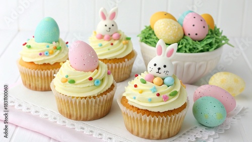 Delicious Easter Cupcakes Decorated With Bunny Ears And Colorful Eggs dessert sweet