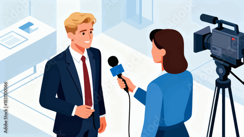 This isometric illustration shows a male reporter speaking into a microphone, surrounded by cameras, multiple microphones, and studio lights, set in a bright, professional broadcast environment.