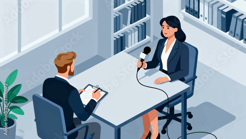 This isometric illustration shows a male reporter speaking into a microphone, surrounded by cameras, multiple microphones, and studio lights, set in a bright, professional broadcast environment.