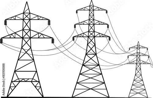 Three large electricity transmission towers with high voltage power lines energy infrastructure