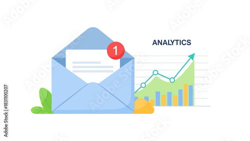 Email notification icon. Mail with chart and graph. Analytics symbol. Vector illustration of message and statistics. Business and finance concept. Simple flat design. White background.