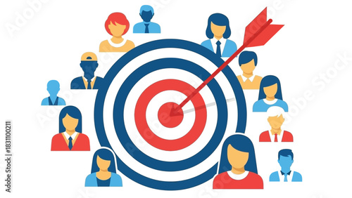 Target audience concept. Vector illustration of people around a target. Marketing and business strategy. Red arrow hitting bullseye. Blue and red color scheme. Simple flat design. White