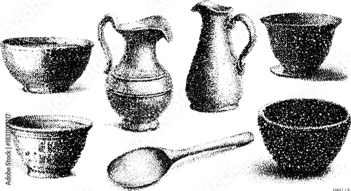 Various kitchenware including bowls, cups, and a pitcher. Handcrafted ceramic set illustrated in a classic style. Vector illustration of tableware.