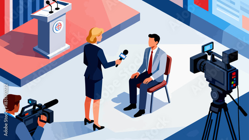 This isometric illustration shows a male reporter speaking into a microphone, surrounded by cameras, multiple microphones, and studio lights, set in a bright, professional broadcast environment.