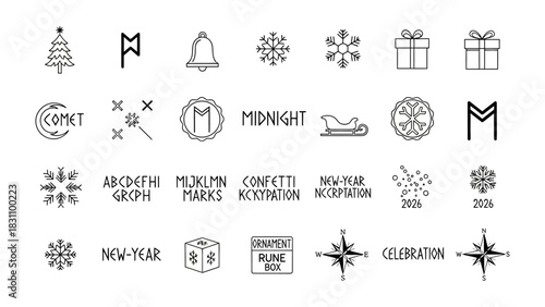 Winter Festive Elements: A collection of meticulously crafted, minimalist line art elements, featuring icons and illustrations perfect for holiday designs, including snowflakes, gift boxes.