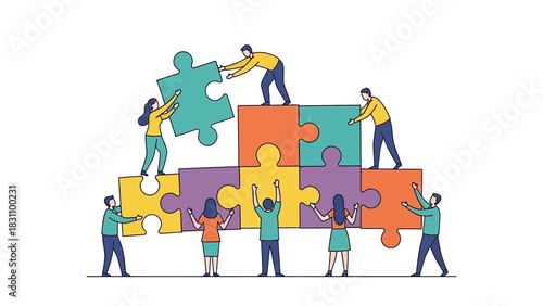 Teamwork concept. People building puzzle pieces. Colorful puzzle illustration. Team collaboration. Business teamwork. Puzzle pieces on white background. Vector illustration.